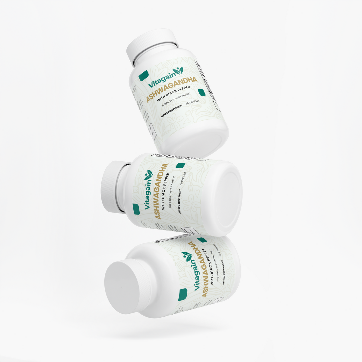 Three white supplement bottles labeled Vitagain Ashwagandha floating in a stacked arrangement against a clean white background.