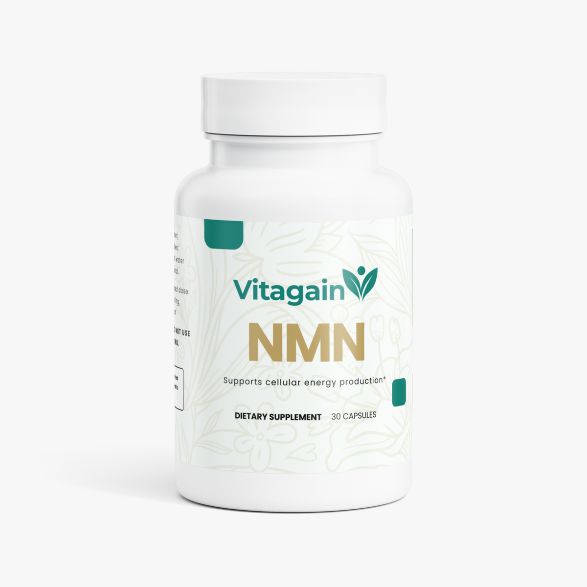 A white plastic bottle of Vitagain NMN dietary supplement with a white cap, featuring a white label with green and gold text and graphics, set against a clean white background.