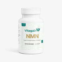 A white plastic bottle of Vitagain NMN dietary supplement with a white cap, featuring a white label with green and gold text and graphics, set against a clean white background.