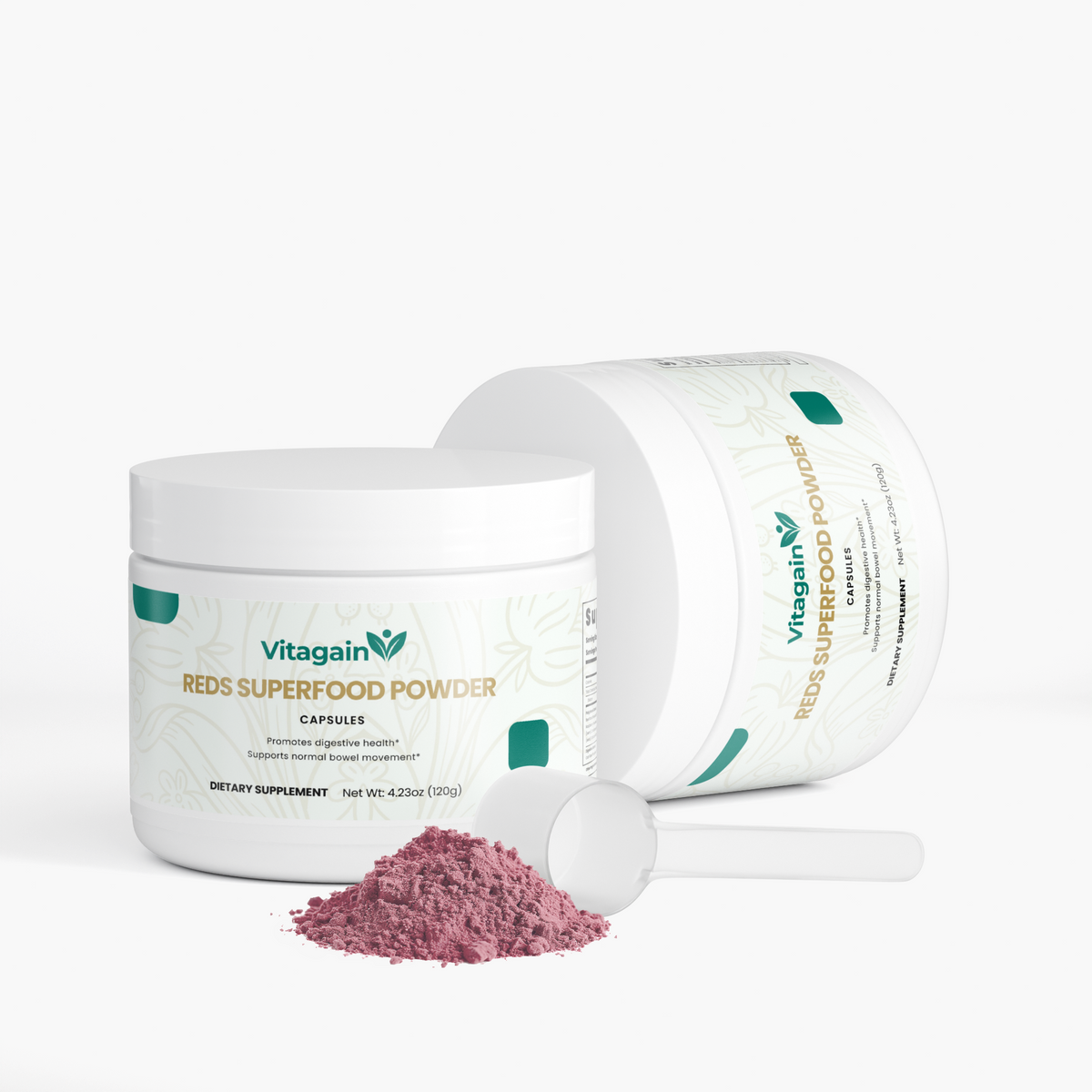 Vitagain Reds Superfood Powder dietary supplement capsules shown in a white jar with a scoop and a small pile of dusty magenta powder on a clean white background.