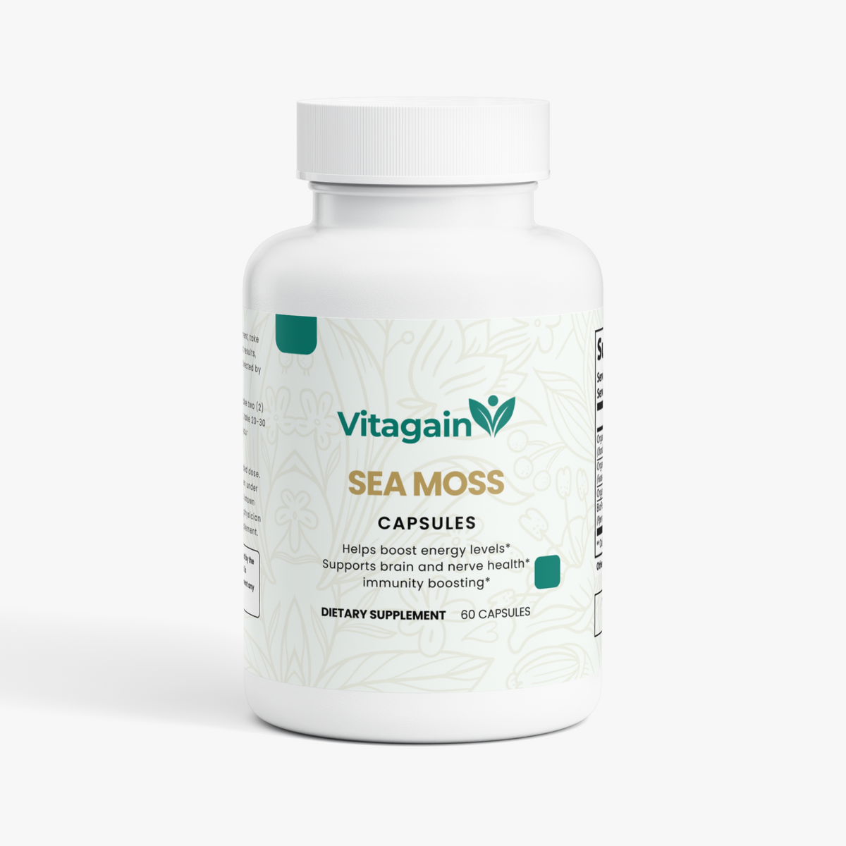 A white plastic bottle of Vitagain Sea Moss Capsules on a clean white background. The label features the brand name 'Vitagain' in green, 'SEA MOSS' in gold, and light green botanical line art.