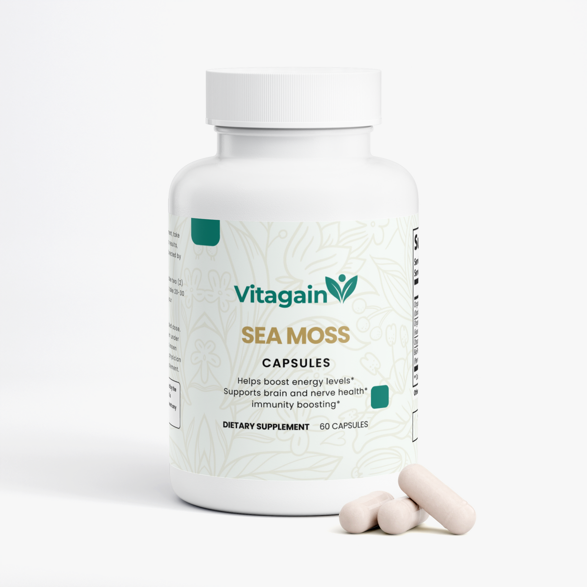 A white bottle of Vitagain Sea Moss Capsules with three light beige capsules placed in front on a clean white background.