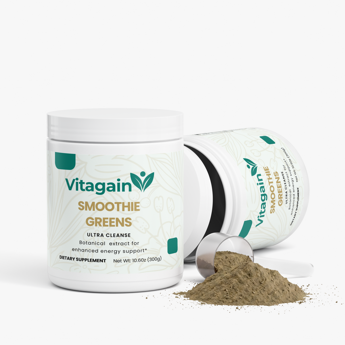 Vitagain Smoothie Greens dietary supplement shown in a white plastic jar with a lid placed beside it, with a small pile of the green powder in front. The label reads Vitagain, Smoothie Greens, and Ultra Cleanse.