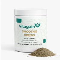 A white plastic jar of Vitagain Smoothie Greens dietary supplement with a white lid, shown on a clean white background with a small pile of the green powder in front of the jar.
