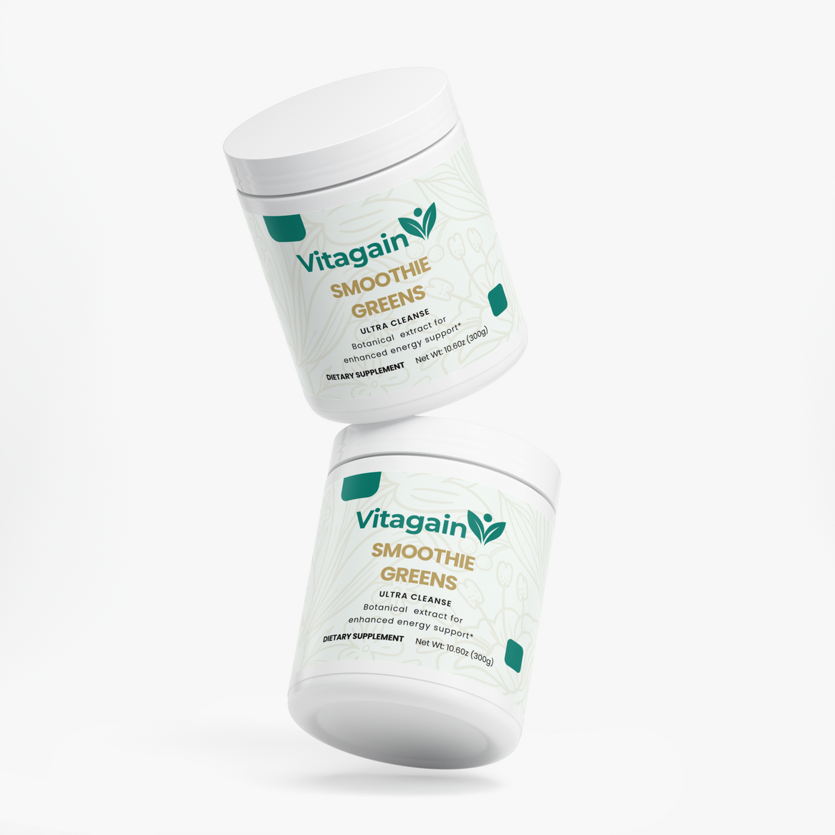 Two white plastic tubs of Vitagain Smoothie Greens dietary supplement floating at an angle on a clean white background.